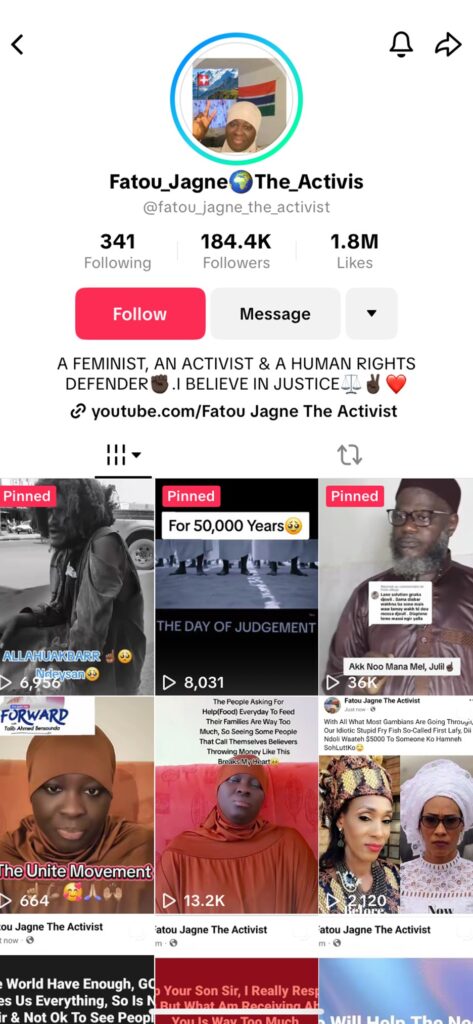 Screenshot of Fatou Jagne- The Activist’s TikTok profile showing her number of followers