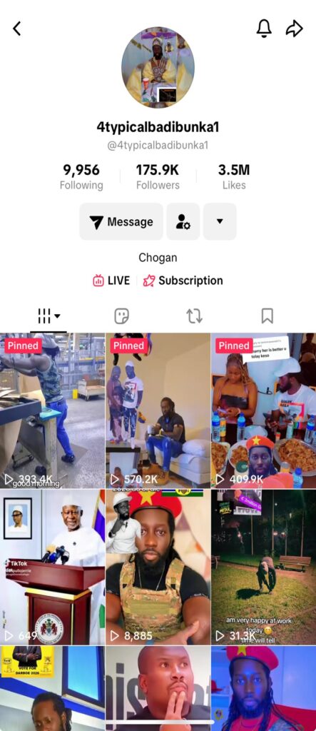 Screenshot of Typical Badibunka’s TikTok profile showing the number of followers